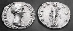 Roman Imperial Faustina II AD 147-175. Rome Denarius AR 19 mm, 3,15 g FAVSTINA AVG ANTONINI AVG PII FIL, draped bust of Faustina Junior right, seen from front, hair waved and coiled with pearls at bac