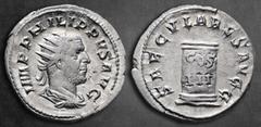 Roman Imperial Philip I Arab AD 244-249. Rome Antoninianus AR 23 mm, 3,85 g IMP PHILIPPVS AVG, radiate, draped and cuirassed bust to right / SAECVLARES AVGG, low column inscribed COS III in two lines.