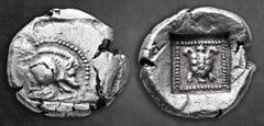 Greek Dynasts of Lycia. Uncertain mint circa 490-430 BC. 1/3 Stater AR 15 mm, 3,02 g Forepart of a boar to right / Tortoise within an incuse square lined by pellets Good Very Fine Babelon, Traité -; S