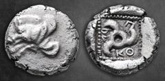 Greek Dynasts of Lycia. Uncertain mint. Kuprilli 470-435 BC. 1/3 Stater AR 13 mm, 2,83 g Forepart of winged boar left / Triskeles; KO-Π-PΛ (partially retrograde) around; all in dotted square within in