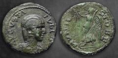 Roman Provincial Macedon. Stobi. Julia Domna. Augusta AD 193-217. Triassarion (3 Assaria) Æ 23 mm, 5,24 g AVGVSTA IVLIA, draped bust of Julia Domna to right / MVNICI STOBEN, Nike advancing to left, ho