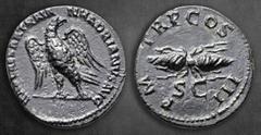 Roman Imperial Hadrian AD 117-138. Rome Semis Æ 18 mm, 3,11 g IMP CAESAR TRAIAN HADRIANVS AVG, eagle standing to left, head to right, with wings displayed / P M TR P COS III, winged thunderbolt; SC be