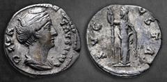 Roman Imperial Diva Faustina I AD 140-141. Rome Denarius AR 18 mm, 3,36 g DIVA FAVSTINA, bust draped right / AVGVSTA, Ceres standing left, holding long torch. Very Fine RIC 362 (Pius); BMCRE 421; RSC 