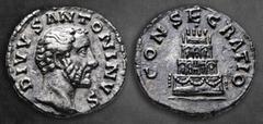 Roman Imperial Divus Antoninus Pius AD 161. Consecration issue struck under Marcus Aurelius and Lucius Verus. Rome Denarius AR 18 mm, ,11 g DIVVS ANTONINVS, bare head right / CONSECRATIO, funeral pyre