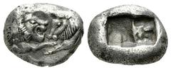 KINGS of LYDIA. Kroisos. Circa 560-546 BC. Struck circa 550-546 BC. AR Siglos - 1/2 Stater. Confronted foreparts of lion and bull. / Double incuse square punch. Berk 120/23; SNG Kayhan -. 15 mm, 5,25 
