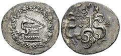LYDIA, Sardes. Circa 160-150 BC. AR Cistophoric Tetradrachm. Cista mystica with serpent; all within ivy wreath. / Bow-case with serpents; star to the right. Kleiner-Noe Series 8. 30 mm, 11,96 g Good v