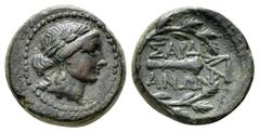 LYDIA, Sardes. Circa 133 BC-AD 14. Æ. Laureate head of Apollo right. / Club within laurel wreath; monogram above. SNG Copenhagen 470-482. 15 mm, 4,48 g Nearly extremely fine.