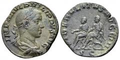 Philip II. AD 247-249 Rome mint. Æ Sestertius. IMP M IVL PHILIPPVS AVG. Laureate, draped, and cuirassed bust right. / LIBERALITAS AVGG III / S C. Philip I and Philip II seated on sella curulis, each e