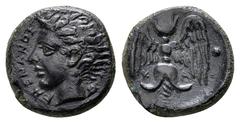 Sicily, Syracuse. Circa 415/3-403/2 BC. Æ Tetras. Bare head of Amenanos left / Upright winged thunderbolt; three pellets (mark of value) around. Boehringer, Frühen p. 156; CNS 1; HGC 2, 607. 12 mm, 2,
