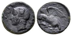 Sicily, Kamarina. Circa 410-405 BC. Æ Tetras. Helmeted head of Athena left; olive spray before and behind / Owl standing left, grasping lizard. Westermark & Jenkins 205; Calciati III pg. 69, 41; SNG A