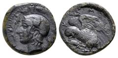 Sicily, Kamarina. CNS 62; HGC 2, 1436. Æ Tetras. Head of Athena left, wearing crested Corinthian helmet decorated with a wing; olive spray before / Owl standing left with open wings, grasping lizard; 