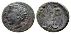 Sicily, Katane. Circa 415/3-403/2 BC. Æ Tetras. Bare head of Amenanos left / Upright winged thunderbolt; three pellets (mark of value) around. Boehringer, Frühen p. 156; CNS 1; HGC 2, 607. 18 mm, 1,84