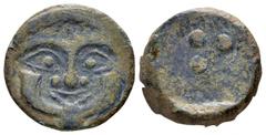 Sicily, Himera. Circa 430-420 BC. Æ Tetras. Facing gorgoneion with protruding tongue / Three pellets. Kraay, Bronze 1b; CNS 18; Virzi 1034-5; SNG Morcom 596; SNG ANS 181; SNG Copenhagen 315-6; Weber 1