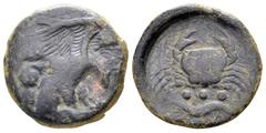 Sicily, Akragas. Circa 425/0-410/06 BC. Æ Tetras. Eagle right, tearing at hare held in its talons; crab to left / Crab; below, ••• (mark of value) above crayfish left. CNS 50; HGC 2, 140. 23 mm, 9,08 