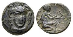 Sicily, Solus. Carthaginian Occupation. Circa 4th century BC. Æ Tetras. Head of Athena facing slightly right, wearing Corinthian helmet / Warrior kneeling right, drawing bow. Jenkins I pl. 23, 20; CNS