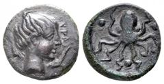 Sicily, Syracuse. Second Democracy. 466-405 BC. Æ Tetras. Head of Arethusa right; dolphins flanking / Octopus. Holloway, Further Series 1, fig. 1; CNS 1; HGC 2, 1428. 17 mm, 4,95 g good very fine, too