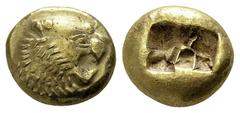 Lydia, Time of Alyattes-Kroisos Sardes. Circa 610-546 BC. EL Trite. Head of roaring lion right; star on forehead / Two incuse square punches. Weidauer 89; SNG Kayhan 1013. 12 mm, 4,70 g very fine
