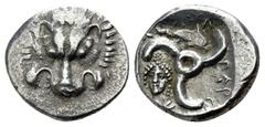 Lycia, Perikles. Circa 380-360 BC Dynsts of Lycia. . AR Third Stater. Lion scalp facing / Triskeles; in one section, draped bust of female facing slightly left; in another, dolphin right; all within i