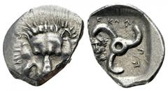 Lycia, Perikles, Circa 380-360 BC Dynasts o fLycia. . AR Third Stater. Lion scalp facing / Triskeles; in one section, draped bust of Helios facing slightly left; all within incuse square. Falghera –; 