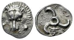 Lycia, Perikles, Circa 380-360 BC Dynasts of Lycia. . AR Third Stater. Lion scalp facing / Triskeles; in one section, draped bust of Hermes, wearing winged petasos, facing slightly right; all within i