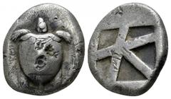 Corcyra. Aegina circa 480-457 BC. Stater AR 20mm., 11,94g. Sea turtle with trefoil collar; three countermarks / Large square incuse with skew pattern. very fine Meadows, Aegina, Group IIIa; HGC 6, 435