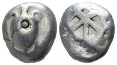 Islands off Attica. Aegina circa 525-480 BC. Stater AR 18mm., 12,22g. Sea turtle; countermarks on shell / Incuse square with mill-sail pattern. fine Meadows, Aegina, Group IIb; HGC 6, 429.