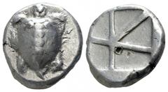 Islands off Attica. Aegina circa 480-457 BC. Stater AR 18mm., 12,24g. Sea turtle, head in profile, with 'T-back' design on shell / Large square incuse with skew pattern. good very fine Meadows, Aegina