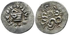 Mysia. Pergamon 133-67 BC. Cistophoric Tetradrachm AR 26mm., 12,56g. Cista mystica with serpent; all within ivy wreath / Bow-case with serpents; monogram to left, ΛΥ above, thyrsos to right. nearly ex