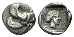 Dynasts of Lycia. . Uvug 470-440 BC. Diobol AR 10mm., 1,34g. Forepart of winged, man-headed bull advancing right / Head of Aphrodite right within incuse square; Lycian legend OFOV behind. very fine Cf