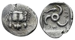 Dynasts of Lycia. . Mithrapata circa 390-370 BC. Diobol AR 12mm., 1,42g. Lion scalp facing / Triskeles; dolphin below; all within incuse square. very fine Falghera 195-6 var. (no dolphin); SNG Copenha