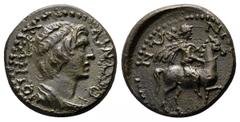 Lydia. Mostene. Time of Domitianus AD 81-96. Bronze Æ 17mm., 4,34g. Bust of Senate right / Hero with double-axe on horse right. good very fine RPC II 994