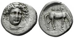 Thessaly. Larissa circa 400-380 BC. Drachm AR 19mm., 5,87g. Head of the nymph Larissa facing slightly right, hair in ampyx / LARI, horse grazing right. Lorber, Early 71 (same obv. die; this coin refer