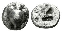 Attica. Aegina circa 525-480 BC. Obol AR 7mm., 0,84g. Sea turtle, head in profile, with trefoil collar and row of dots down its back / Incuse square of Union Jack pattern with two segments filled. ver