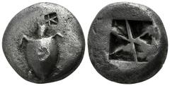 Islands off Attica. Aegina circa 525-480 BC. Stater AR 20mm., 11,90g. Circa 525-480 BC. AR Stater (17mm, 12.11 g). Sea turtle; countermarks on shell / Incuse square with mill-sail pattern. nearly very