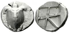 Islands off Attica. Aegina circa 480-457 BC. Stater AR 20mm., 12,42g. Sea turtle, head in profile, with 'T-back' design on shell / Large square incuse with skew pattern. very fine Meadows, Aegina, Gro