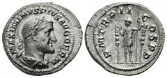 Maximinus Thrax AD 235-238. Rome Denarius AR 19mm., 2,49g. IMP MAXIMINVS AVG GERM, laureate, draped and cuirassed bust right / PM TR P II COS P P, Maximinus standing left between two standards, holdin