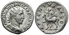 Philippus Arabs AD 244-249. Rome Antoninianus AR 21mm., 4,66g. IMP M IVL PHILIPPVS AVG, radiate, draped and cuirassed bust right / ADVENTVS AVG, Philip, with raised hand, on horse pacing left. nearly 