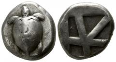 Islands off Attica. Aegina circa 480-457 BC. Stater AR 20mm., 12,29g. Sea turtle, head in profile, with 'T-back' design on shell / Large square incuse with skew pattern. very fine Meadows, Aegina, Gro