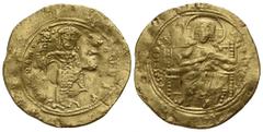 Constantine X Ducas AD 1059-1067. Byzantine Histamenon AV 24mm., 4,34g. +IҺS XIS RЄX RЄGNANTIҺM, Christ Pantokrator seated facing on throne / +KωN BACΛI O ΔOVKAC, Constantine standing facing, holding 