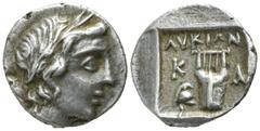 Lycia. Kadyanda. Lycian League 167-81 BC. Drachm AR 14mm., 2,71g. Laureate head of Apollo right, bow and quiver over shoulder / Î›Î¥ÎšÎ™Î©Î Îš-Î‘, lyre, helmet left; all within incuse square. very fi