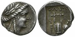 Lycia. Olympos. Lycian League 88-84 BC. Drachm AR 13mm., 2,30g. Laureate head of Apollo right, with bow and quiver over shoulder / ÎŸÎ›Î¥Îœ, lyre; torch to left, shield and sword to right; all within 