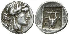 Lycia. Patara. Lycian League 167-100 BC. Drachm AR 14mm., 2,43g. Laureate head of Apollo right, with bow and quiver over shoulder / Î›Î¥ÎšÎ™Î©Î Î -Î‘, lyre; star to lower left; all within incuse squa