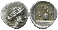 Lycia. Phaselis. Lycian League 100-80 BC. Drachm AR 15mm., 2,20g. Laureate head of Apollo right, with bow and quiver over shoulder / Î¦AÎ£HÎ›, lyre; Isis crown to left, torch to right. good very fine 