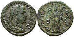 Philippus Arabs AD 244-249. Rome Sesterz Ã† 28mm., 17,28g. IMP M IVL PHILIPPVS AVG Laureate, draped and cuirassed bust of Philip to right. Rev. P M TR P III COS P P / S - C Felicitas standing left, ho