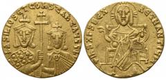 Basil I the Macedonian, with Constantine. AD 867-886. Byzantine Solidus AV 18mm., 4,30g. Christ enthroned facing / Crowned busts of Basil and Constantine facing, holding patriarchal cross between them