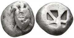 Islands off Attica. Aegina circa 525-480 BC. Stater AR 16mm., 11,69g. Sea turtle; countermarks on shell / Incuse square with mill-sail pattern. fine Meadows, Aegina, Group IIb; HGC 6, 429.
