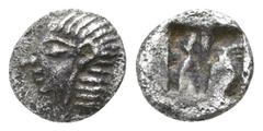 Ionia. Kolophon 600 BC. Hemiobol AR 7mm., 0,35g. Archaic head of Apollo left / Quadripartite incuse square. nearly extremely fine SNG Kayhan 342 (hemiobol) and 343-54 (tetartemoria).