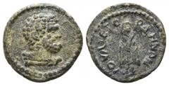 Lydia. Gordos-Iulia . AD 198-235. Bronze Æ 13mm., 1,33g. Bust of Herakles right, lion's skin knotted around neck / IOΥΛIE ΓO-ΡΔHNΩN, Telesphoros standing facing. very fine BMC 16