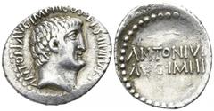 Mark Antony 32-31 BC. Athen Denar AR 17mm., 3,81g. ANTON AVG IMP III COS DES III III V R R P C; Head of Marcus Antonius right / ANTONIVS AVG IM III in two lines. good very fine Cr. 542/2; Syd 1209; Se