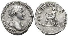 Trajan AD 98-117. Rome Denar AR 17mm., 3,38g. 112-115 ADIMP TRAIANVS AVG GER DAC P M TR P COS VI P P Head laureate right with fold of cloak on front shoulder and behind neck. / DIVVS PATER TRAIAN Cult